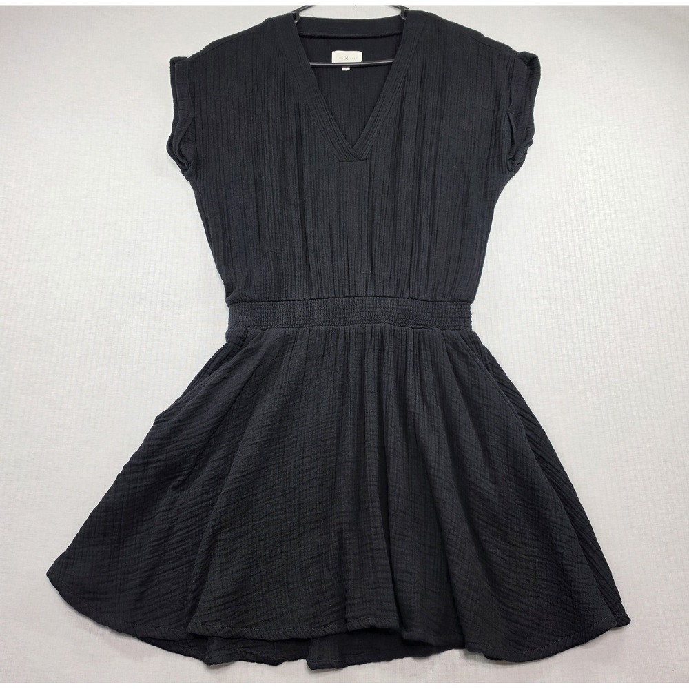 LOU & GREY Black Gauze Cotton V-Neck Smocked Waist Mini Dress Size S Boho Casual